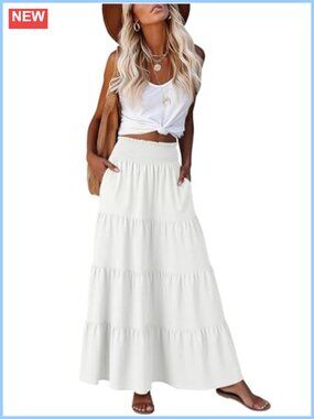 Women's Maxi Skirt A-Line Tiered Elastic High Waist Flowy with Pockets